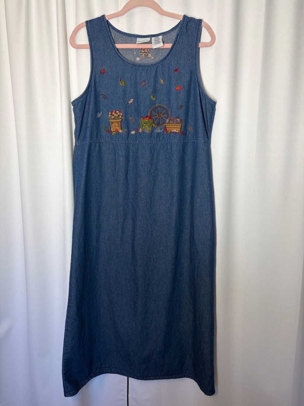 Bobbie Brooks Denim Jumper Dress Embroidered Fall Leaves L Cottagecore Vitg 90s - Picture 2 of 10